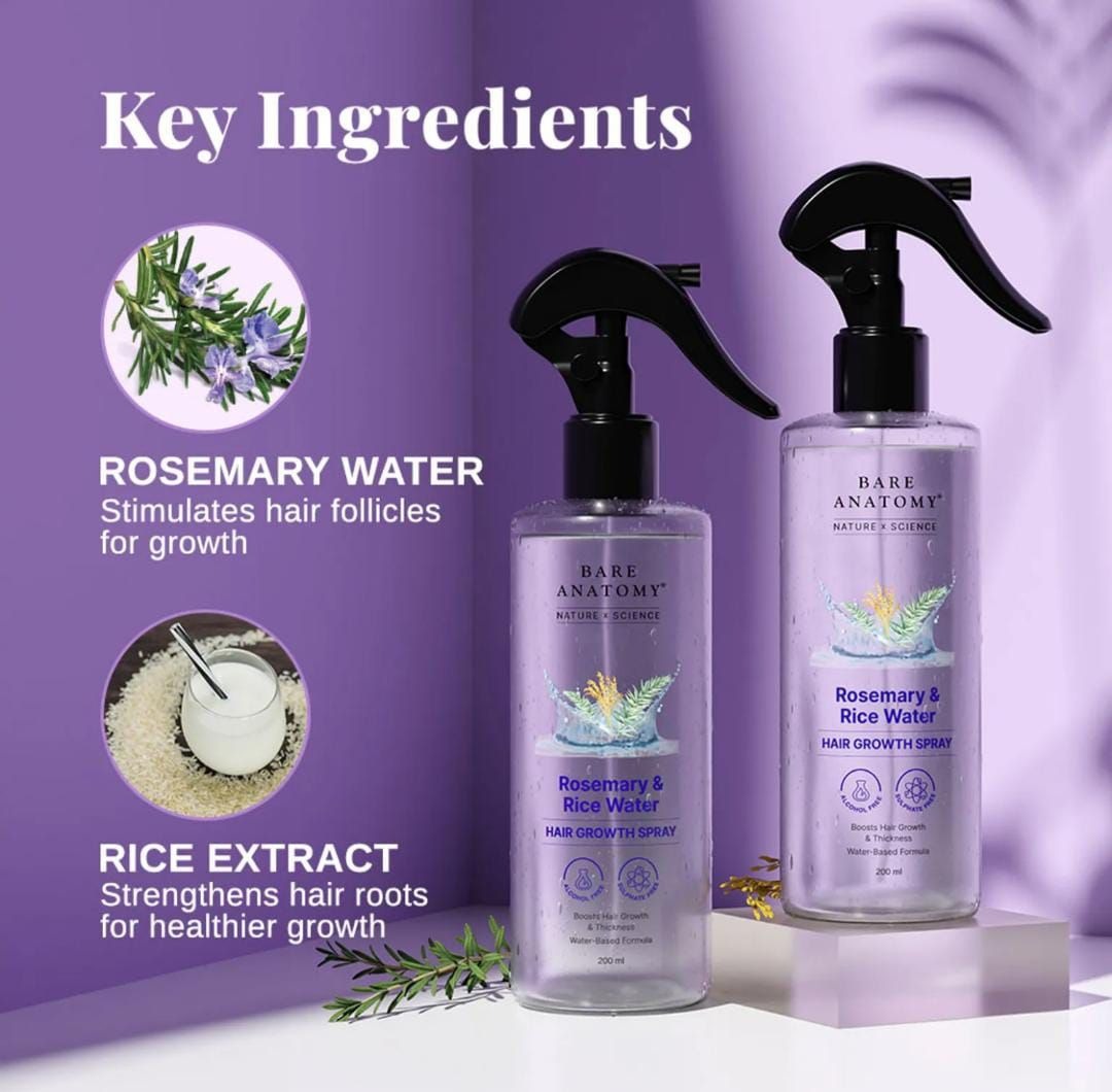 Bare Anatomy Rosemary & Rice Water Hair Growth Spray – 200ml | Strengthen & Thicken Hair