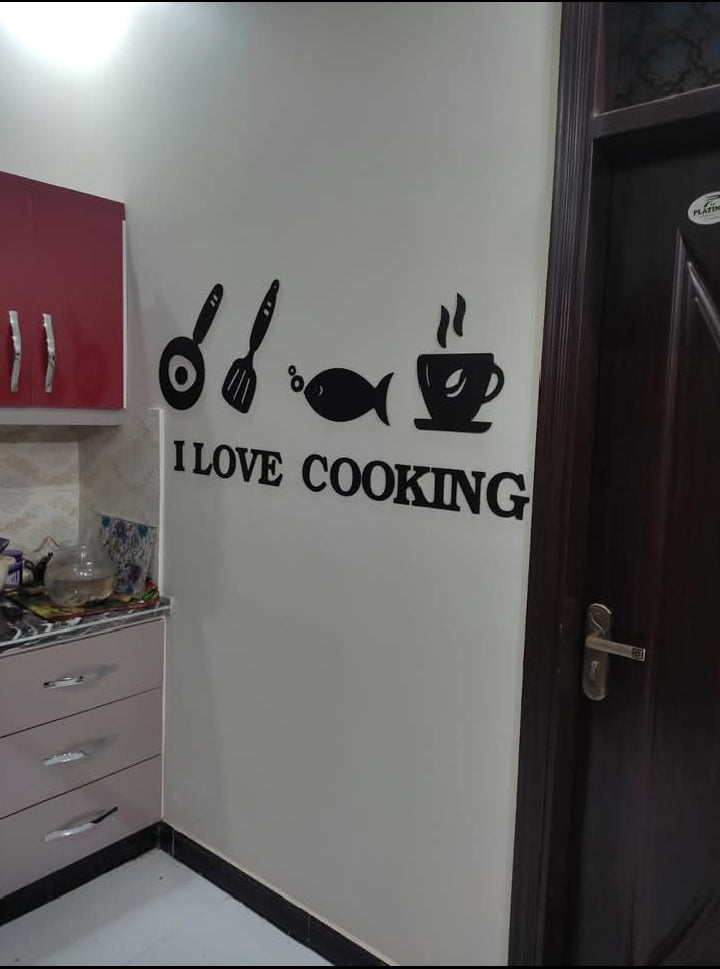 Acrylic Mirror Kitchen Symbols Wall Decoration – "I Love Cooking" Black Acrylic 3D Wall Art Sticker Decals (16x48)