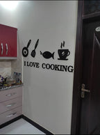 Acrylic Mirror Kitchen Symbols Wall Decoration – "I Love Cooking" Black Acrylic 3D Wall Art Sticker Decals (16x48)