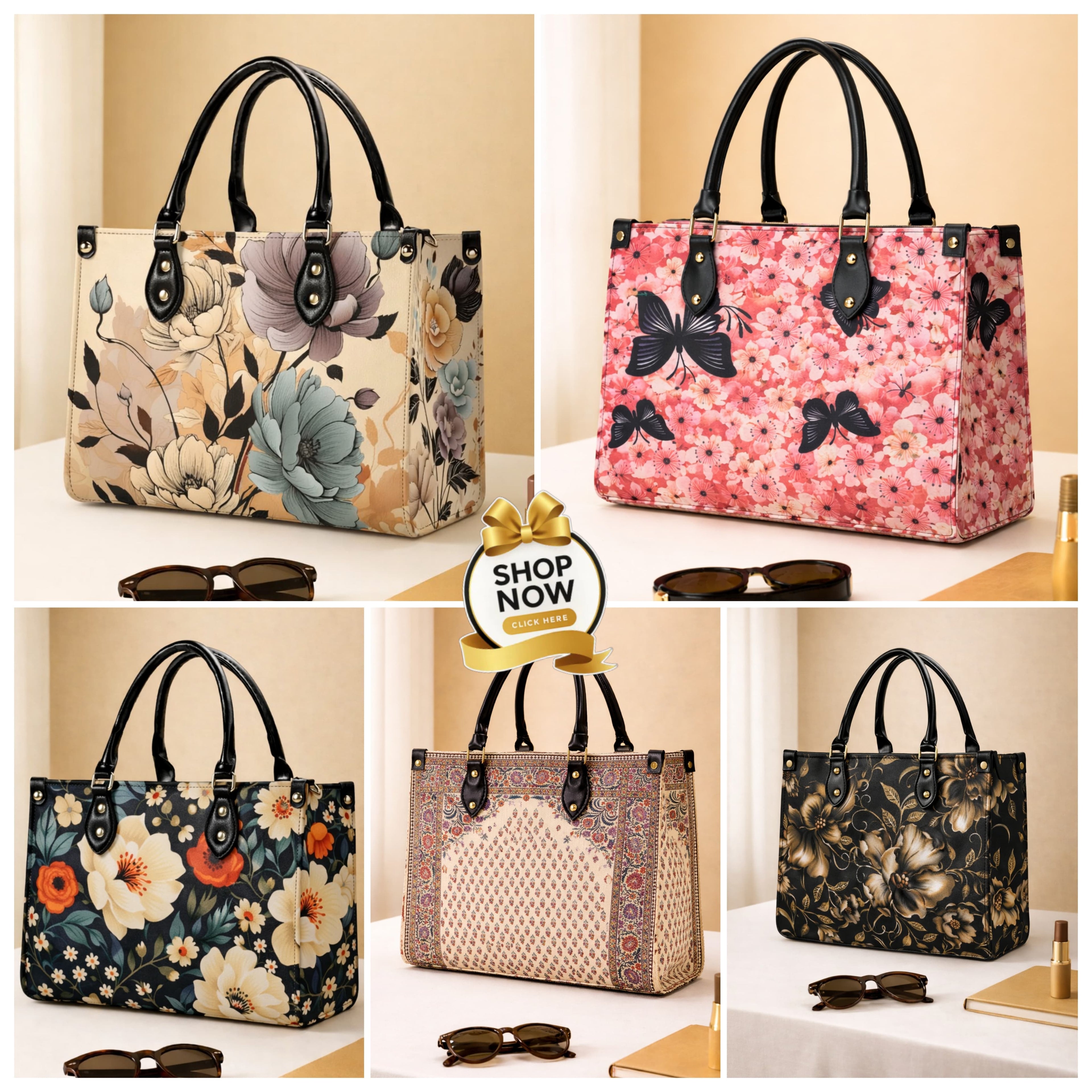 Premium Floral Print Tote Bag – Elegant Handcrafted Shoulder Bag with Top Handles