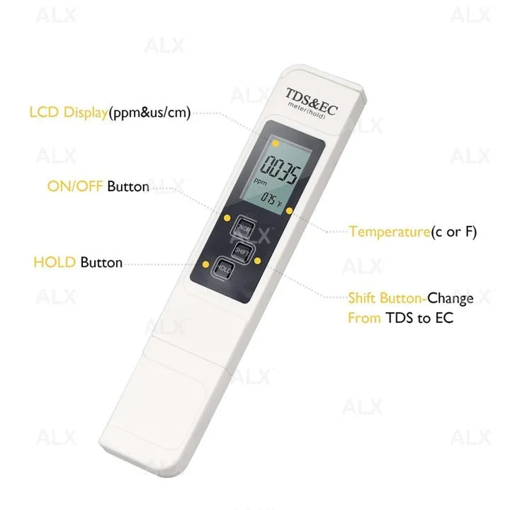 Portable Digital Water TDS, EC, And Temperature Meter (3-in-1) With ATC Function, 1ppm Resolution, 0-9990ppm Purity Tester