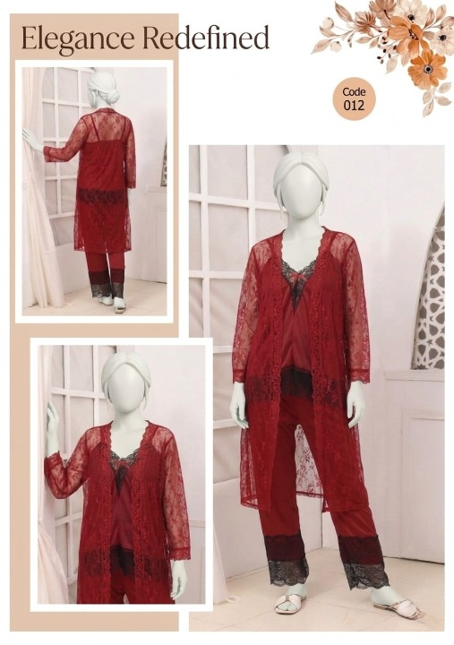 3 Pcs Premium Silk & Net Black Lace Women's Sleepwear Set Top Trouser & Gown (Size free)
