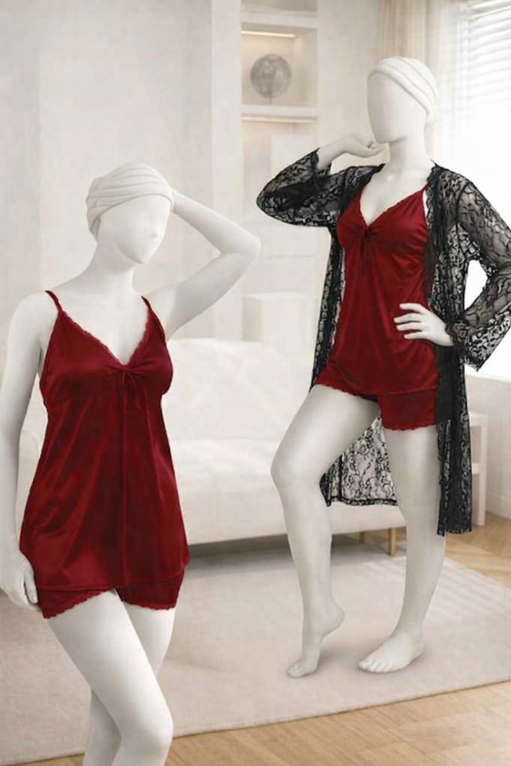 3-Piece Women's Sleepwear Set – Camisole, Shorts & Lace Gown Soft Satin Nightwear Free Size