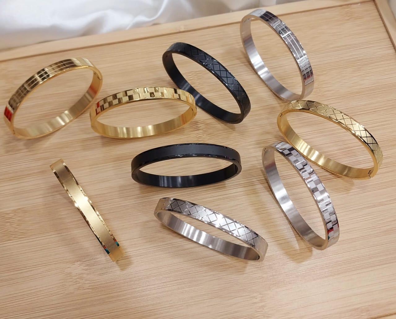 Premium Unisex Geometric Bangle Collection - 18K Gold, Silver & Matte Black Stainless Steel Cuffs with Mixed Textures & Engraved Designs