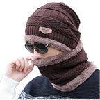 Winter Cap and neck Elastic Knitting Thick Fleece Warm Woolen Beanie Cap Sport Hat &amp; Neck Scarf Set 2 Piece(Random colors)