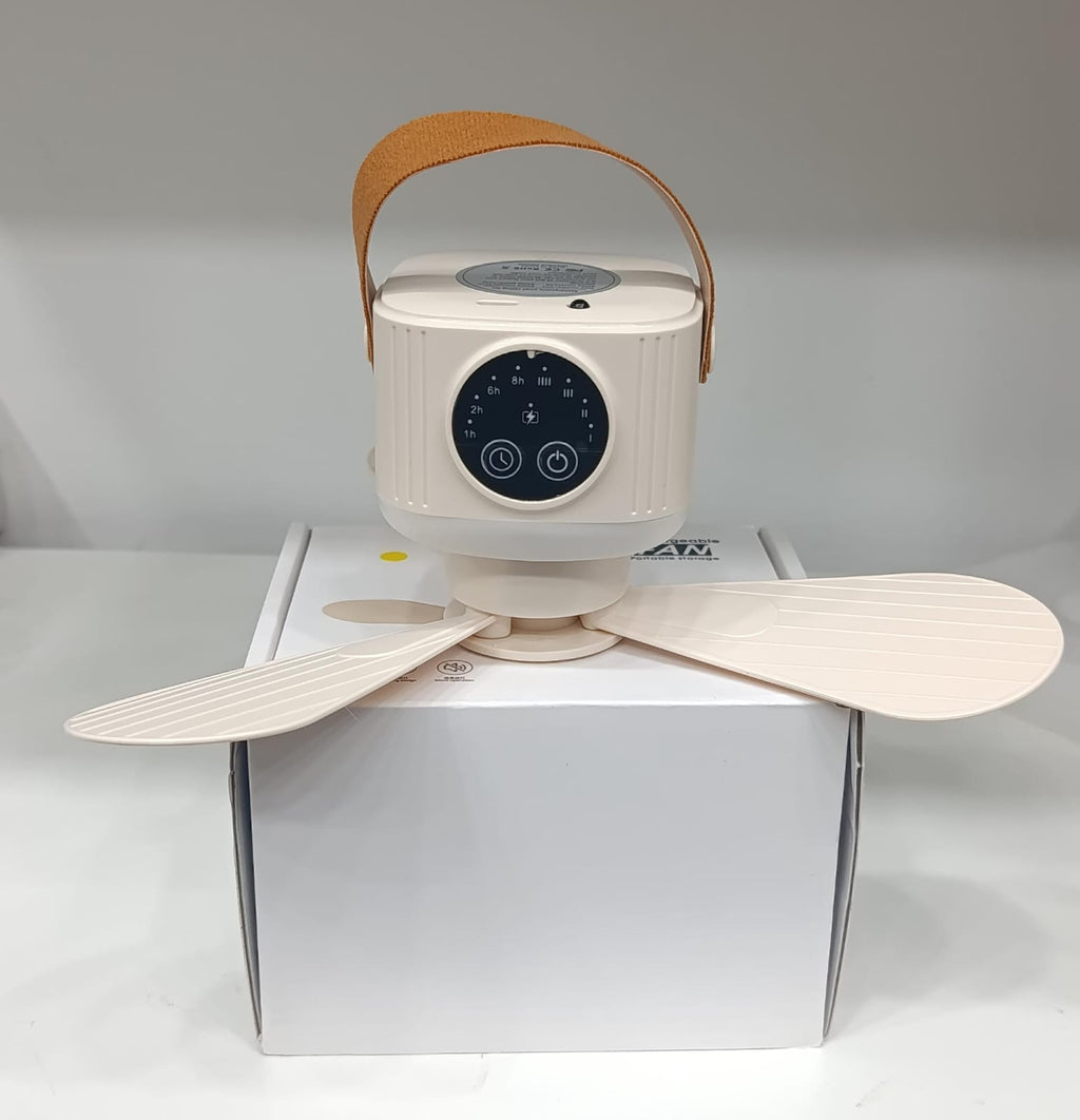 USB Dormitory Camping Small Ceiling Fan Rechargeable With 8 Hour Timer Night Light And 4 Speed Portable Design
