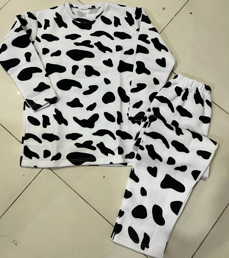 White Cow Printed Tracksuit Stylish Design Smooth Comfort Easy Wear Durable Stitching