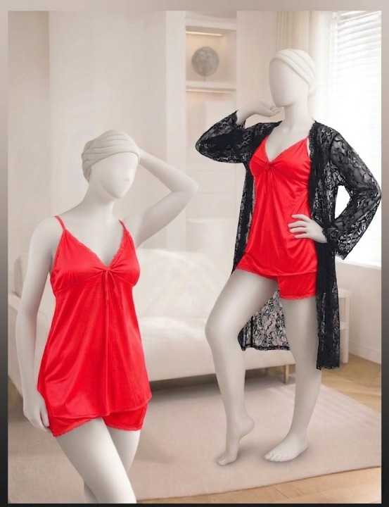 3-Piece Women's Sleepwear Set – Camisole, Shorts & Lace Gown Soft Satin Nightwear Free Size