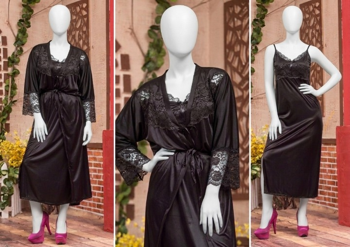 2 Pcs Luxury Satin & Lace Robe Nighty Set – Sensual Silk Gown for Women SKU R-003 Free Size