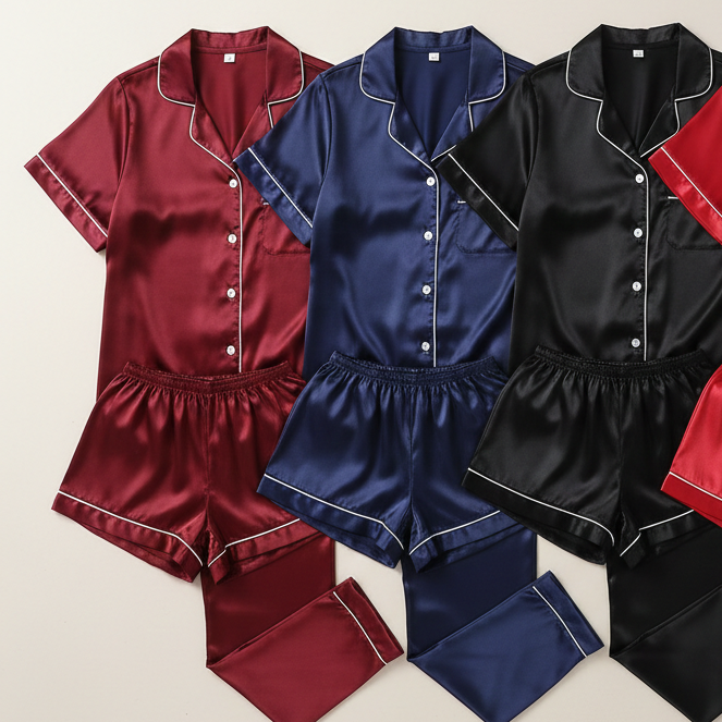 Couple Night Suit / Silk Satin Sleepwear Set – Short & Long Style Combo (4 Pcs) | SKU: DC-C009