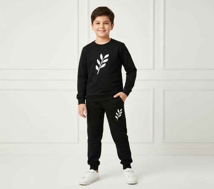 Kids Printed Stylish Black & Black Tracksuit Set | Winter Fleece Sweatshirt & Trouser Outfit for Boys & Girls – Warm & Trendy FOR BABU AND KIDS