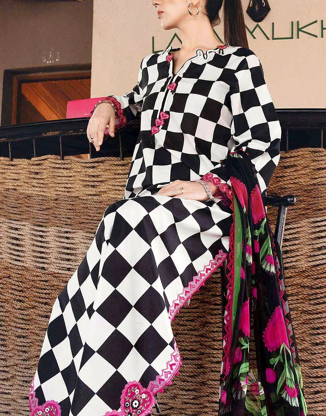 Elegant All-Over Checkerboard Print Embroidered Lawn 3Pc Unstitched Dress with Chiffon Dupatta – Summer Collection 2026