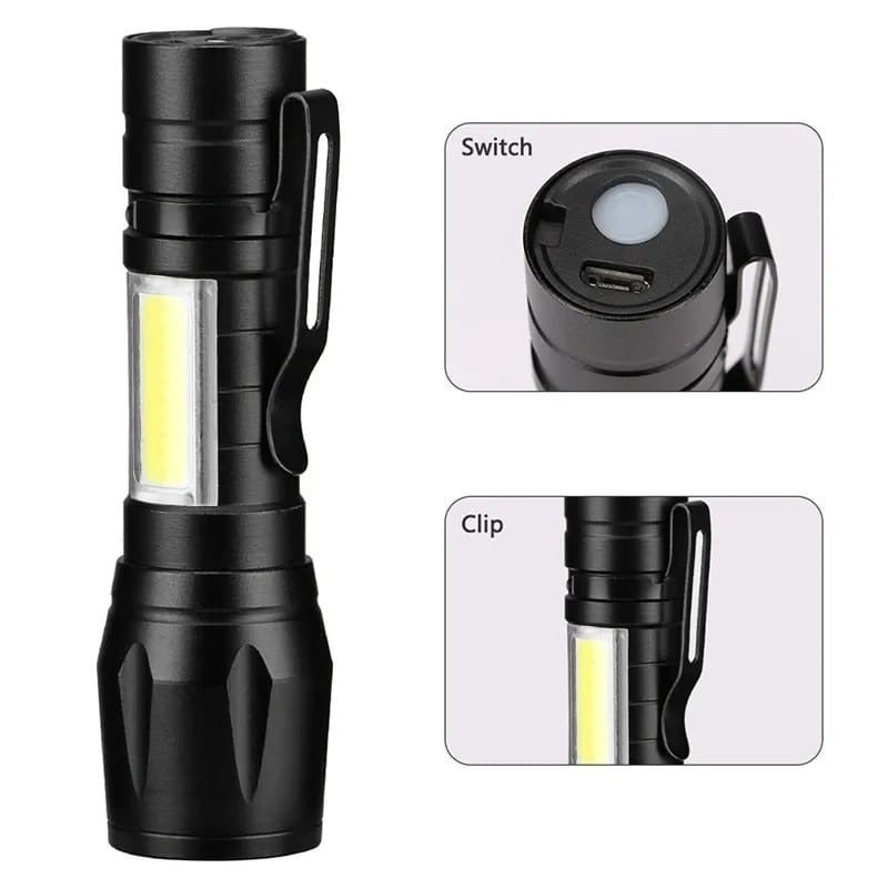 Portable LED Flashlight – Mini Rechargeable Torch With Side Light & Waterproof Body