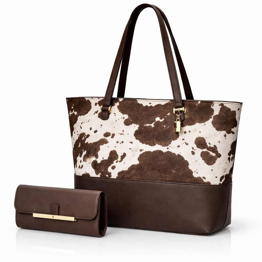 2 Pcs Premium Cow Print Tote Bag Set for Women – Stylish Shoulder Handbag with Matching Pouch