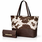 2 Pcs Premium Cow Print Tote Bag Set for Women – Stylish Shoulder Handbag with Matching Pouch