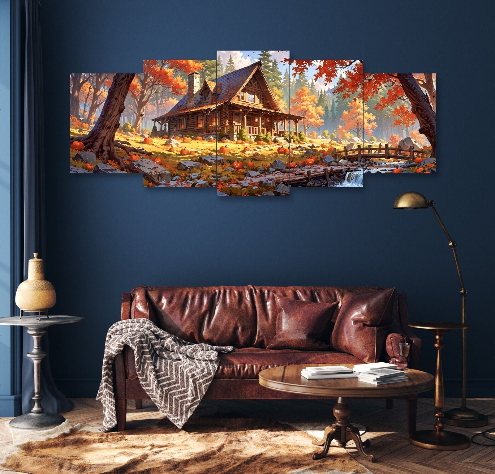Autumn House Set of 5 Frames | 16x40 Inch | Wooden Sticky Tiles | Easy Wall Mount with Double Tape
