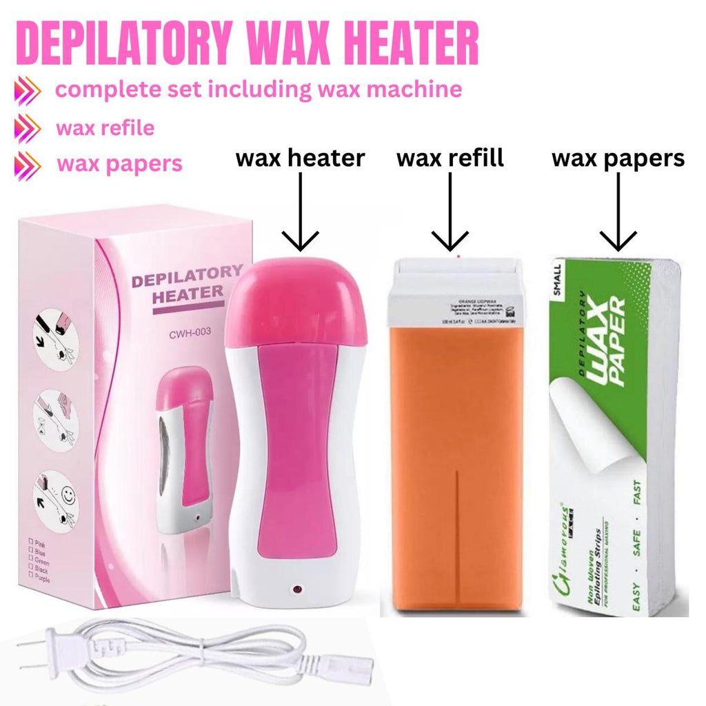 Depilatory Wax Heater Kit 3in1 | Roll-on Hair Removal Kit With Heater, Wax Refill & Strips | Roll On Wax Heater Kit 3-in-1