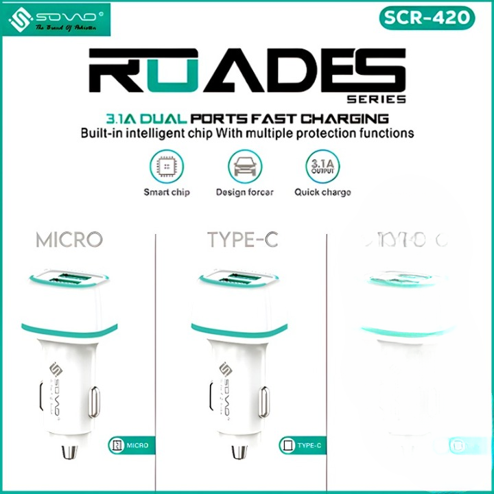 SOVO SCR-420 ROADES 3.1A Dual USB Fast Car Charger – Intelligent Chip Car Adapter with Multi Device Support