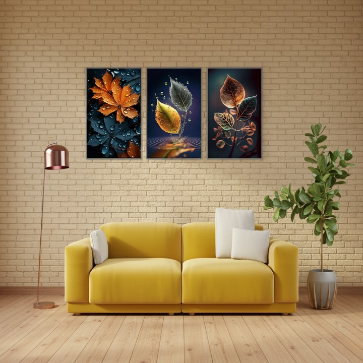 3-Piece Autumn Leaf Wall Art Frames – Decorative 8x11 Inch Modern Home Decor Set with Double Tape for Easy Wall Mounting