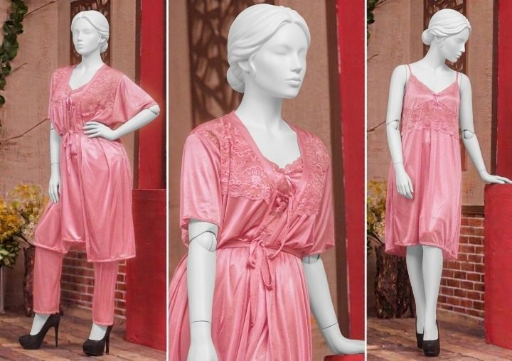3 Pcs Luxury Silk Nightwear Set with Lace Trim – Satin Sleepwear for Women Free Size
