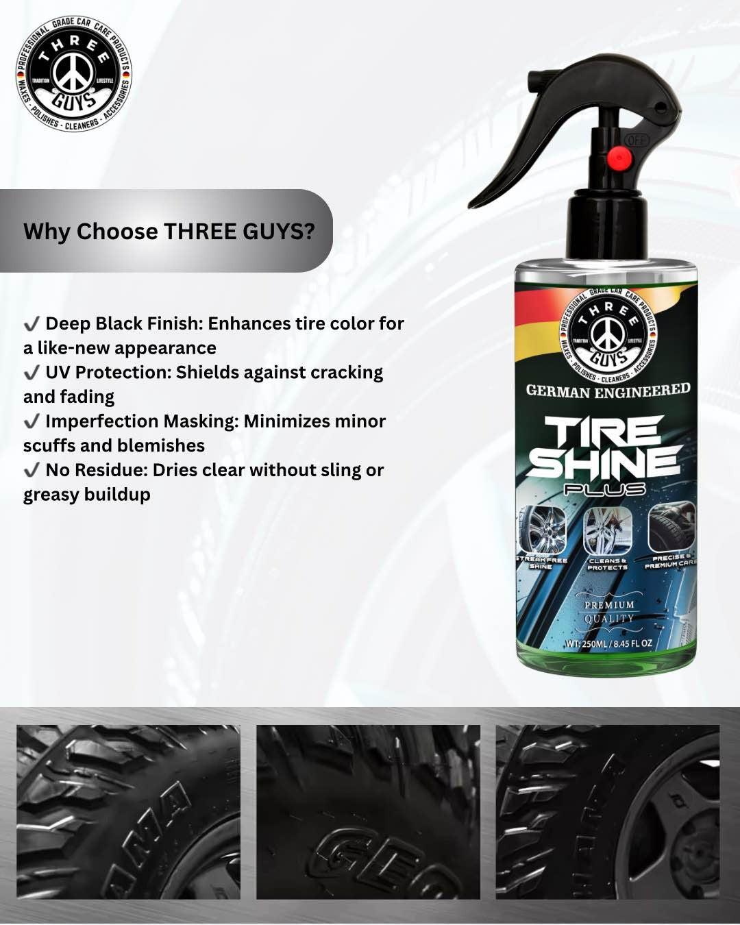 Three Guys Tire Shine Plus 250ml – Streak-Free Shine Cleans And Protects Long-Lasting Wet Look Premium Tire Care Spray