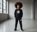 Kids Star Printed Black & Black Tracksuit Set | Winter Fleece Sweatshirt & Trouser Outfit for Boys & Girls – Warm & Trendy FOR BABY AND KIDS