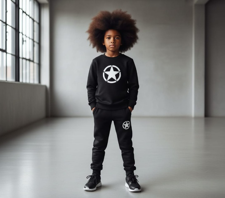 Kids Star Printed Black & Black Tracksuit Set | Winter Fleece Sweatshirt & Trouser Outfit for Boys & Girls – Warm & Trendy FOR BABY AND KIDS