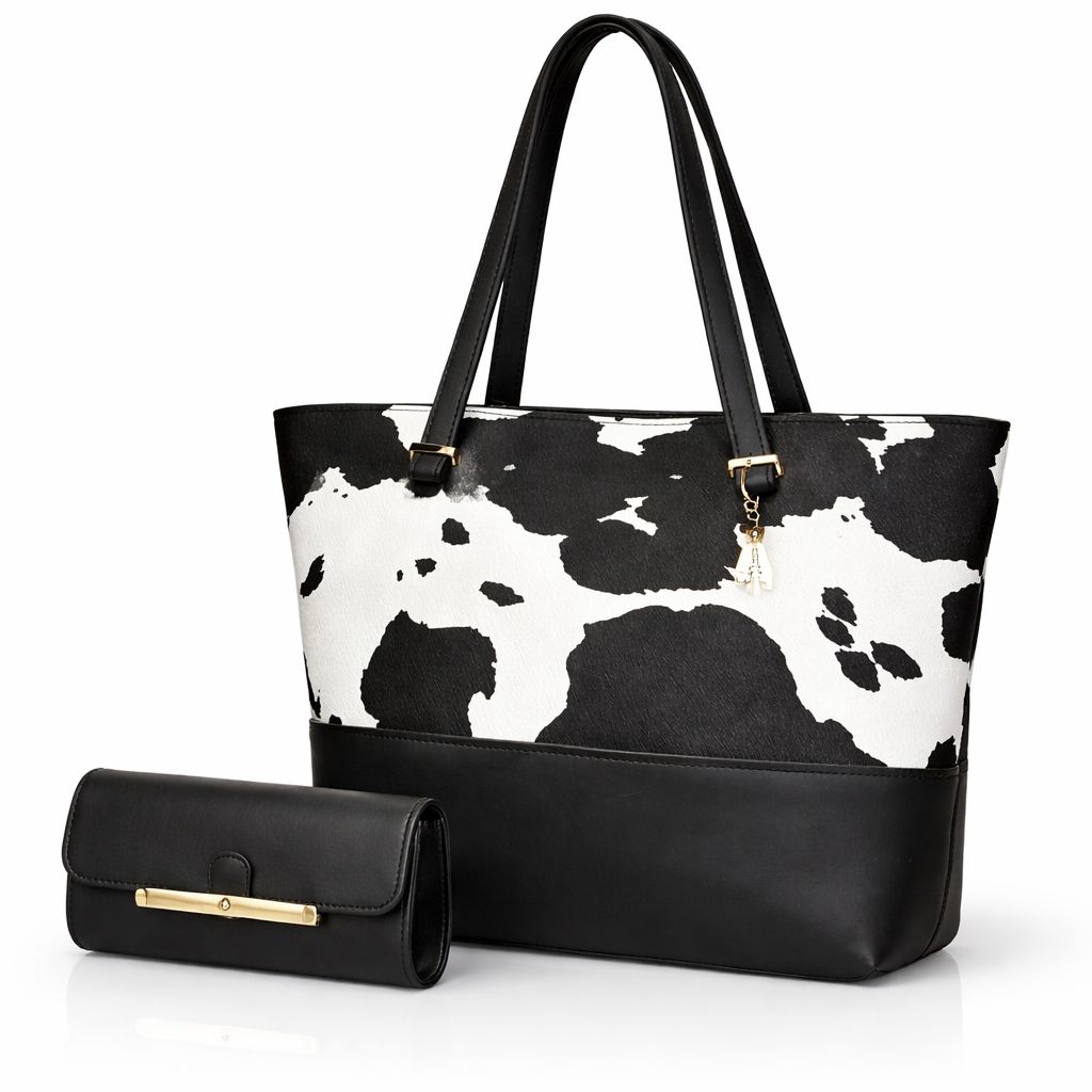 2 Pcs Premium Cow Print Tote Bag Set for Women – Stylish Shoulder Handbag with Matching Pouch