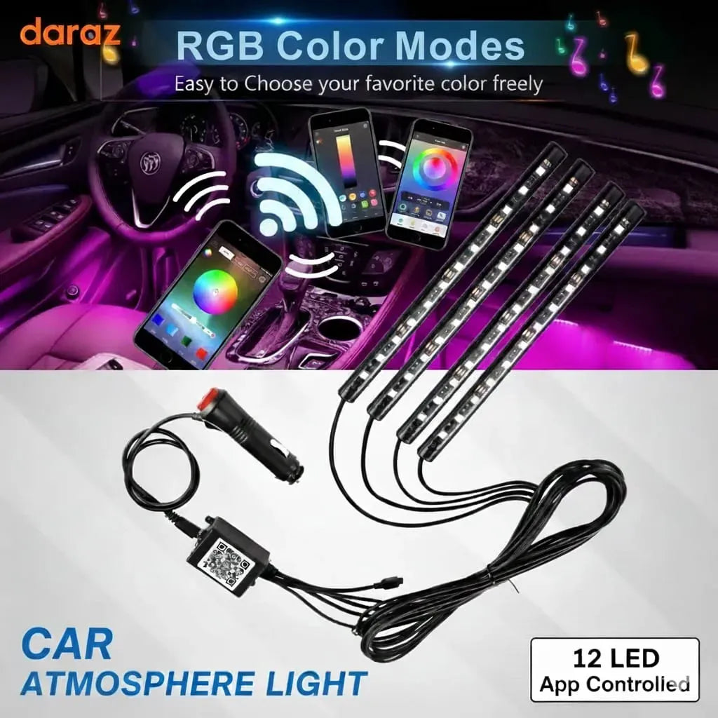 Car Atmosphere Light (12 LED Model) – Smart RGB Ambient Interior Lighting | App-Controlled LED Foot & Backlight | 12V Universal Car Mood Light