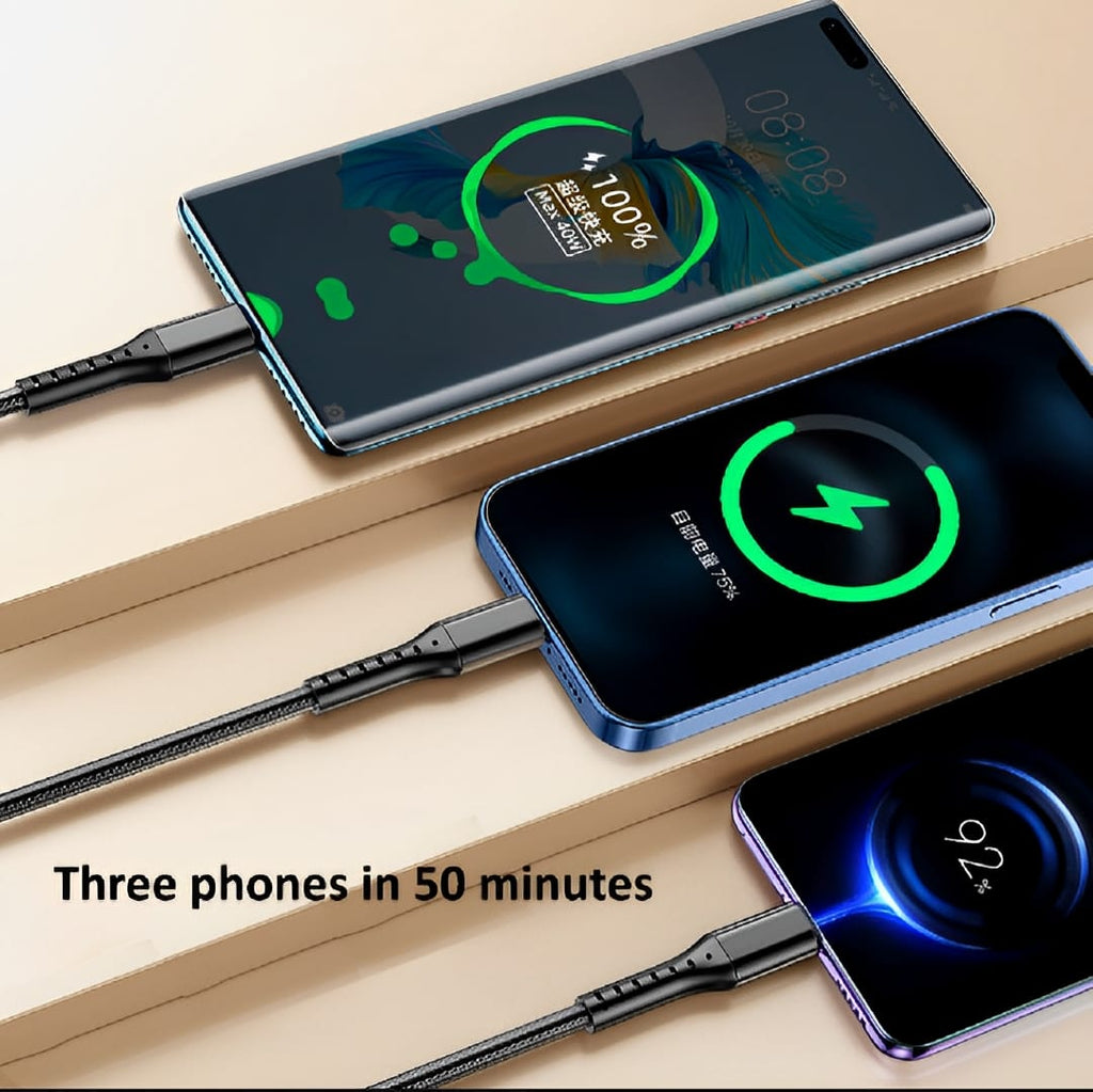 3 in 1 USB Fast Charging Cable – Lightning, Micro USB &amp; Type-C | Compatible with iPhone, Android, Xiaomi, Huawei, Samsung, iPad