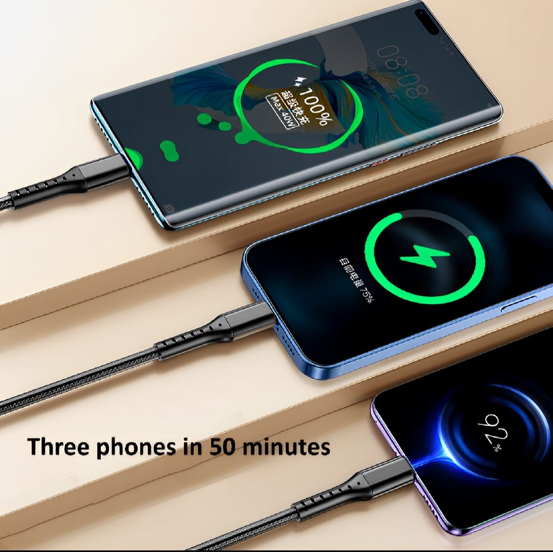 3 in 1 USB Fast Charging Cable – Lightning, Micro USB &amp; Type-C | Compatible with iPhone, Android, Xiaomi, Huawei, Samsung, iPad