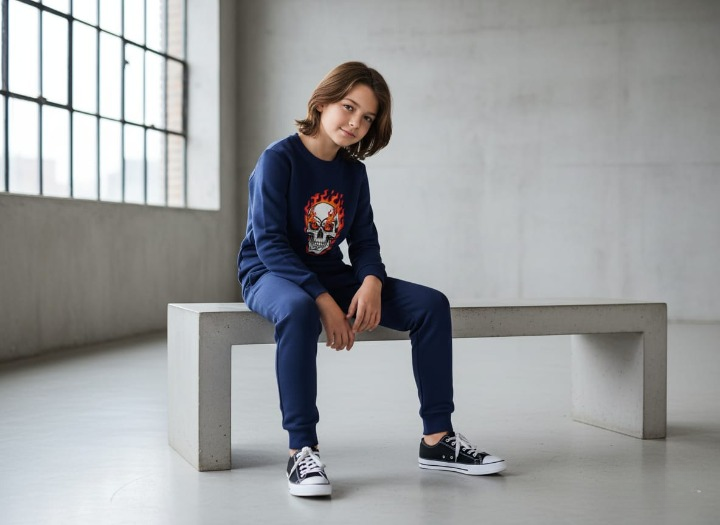 Kids Navy Blue Ghost Skull Printed Tracksuit Set | Winter Fleece Sweatshirt & Trouser Outfit for Boys & Girls – Warm, Trendy & Cool | FOR BABY AND KIDS