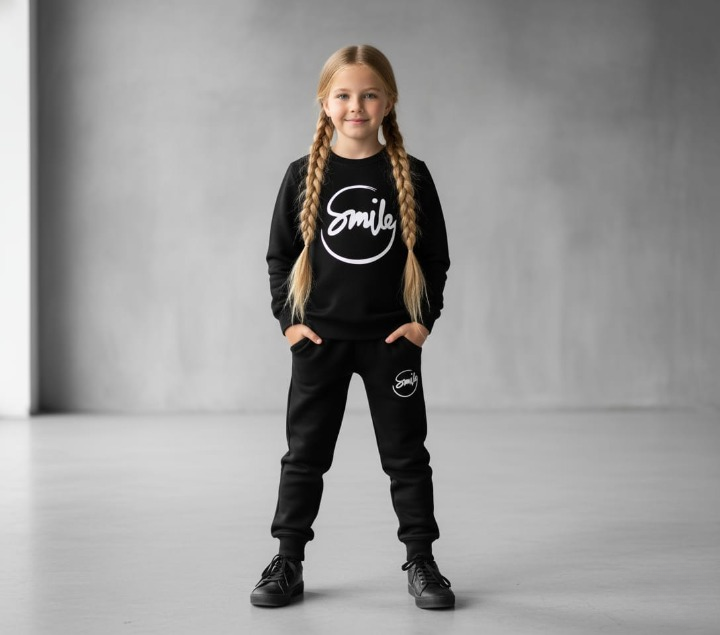 Kids SMILE Printed Stylish Black & Black Tracksuit Set | Winter Fleece Sweatshirt & Trouser Outfit for Boys & Girls – Warm & Trendy FOR BABY AND KIDS
