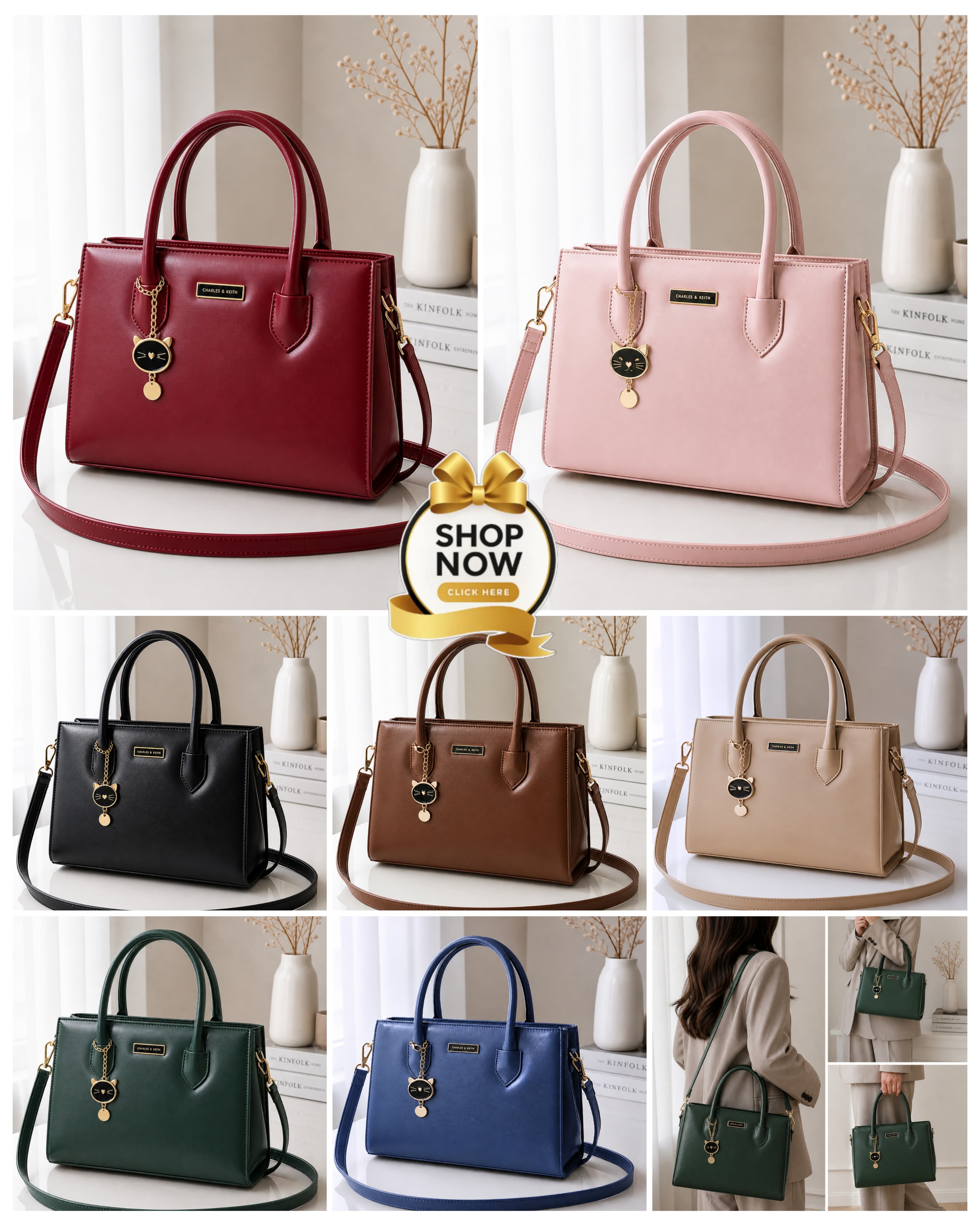 Charles And Keith 2 Zipper Bag Leatherette Handbag With Small Cat Charm And Detachable Shoulder Strap