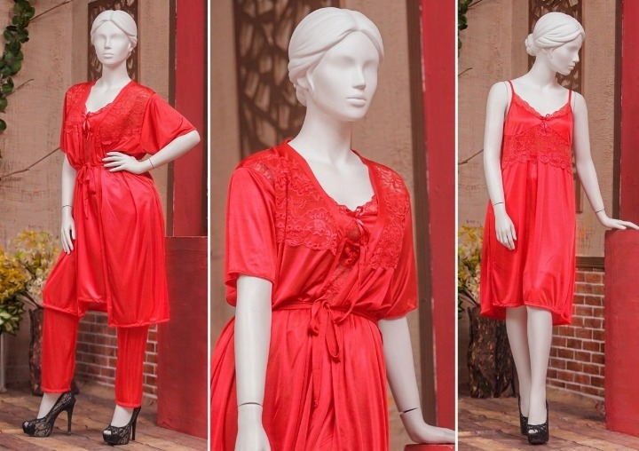 3 Pcs Luxury Silk Nightwear Set with Lace Trim – Satin Sleepwear for Women Free Size