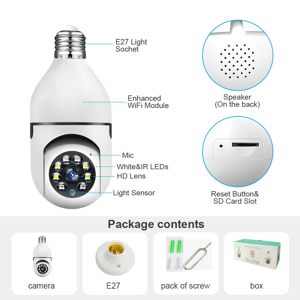 Speed-X Bulb Camera 1080p Wifi 360 Degree Panoramic Night Vision Two-Way Audio Motion Detection