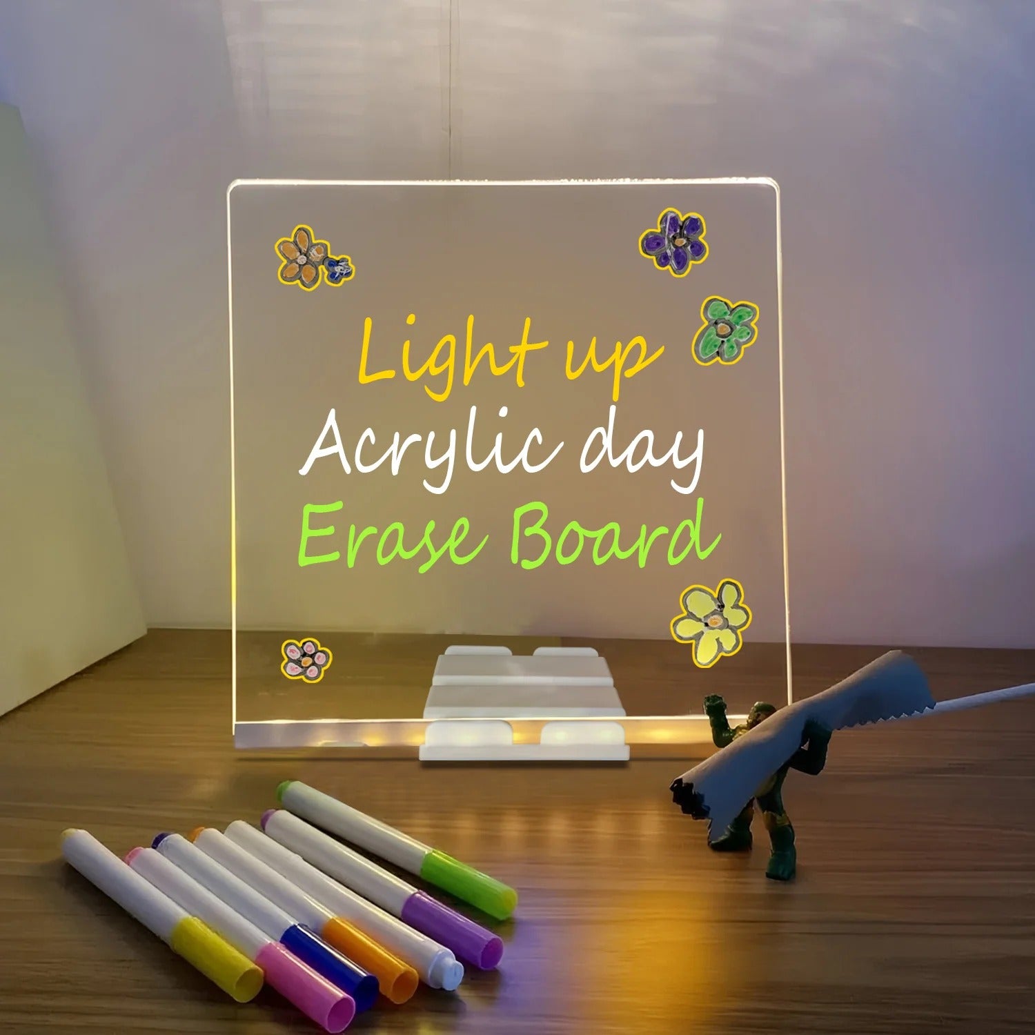 LED Light-Up Transparent Writing Board With 7 Marker | 15×15 cm Acrylic Pad with Stand | Colorful DIY Notes & Erasable Pens