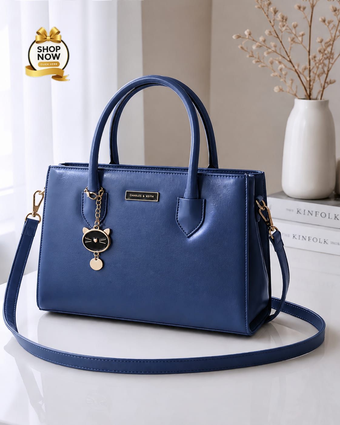 Charles And Keith 2 Zipper Bag Leatherette Handbag With Small Cat Charm And Detachable Shoulder Strap