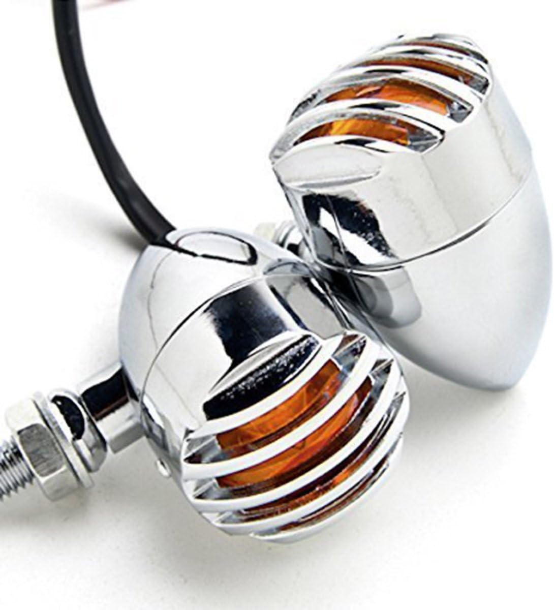 4 pcs 12V Universal Motorcycle Grill Turn Signal Lights – Amber LED, Chrome Body, Compatible with Honda, Yamaha, Kawasaki, Sportster 1200, and More.