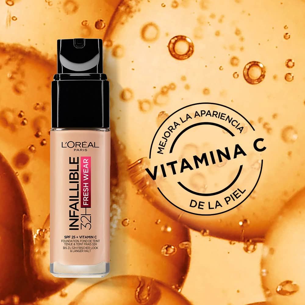 L'Oréal Paris Infallible 32H Fresh Wear Foundation, Full-coverage, Longwear, Weightless Smooth Finish, Water-proof and Transfer-proof, with Vitamin C 30ml