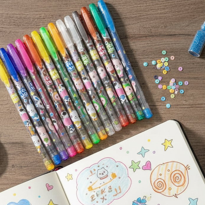 12 Colors Gel Pens Set – Glitter & Metallic 1.0mm Fine Tip | Kids Coloring, Sketching & Drawing Gift Set
