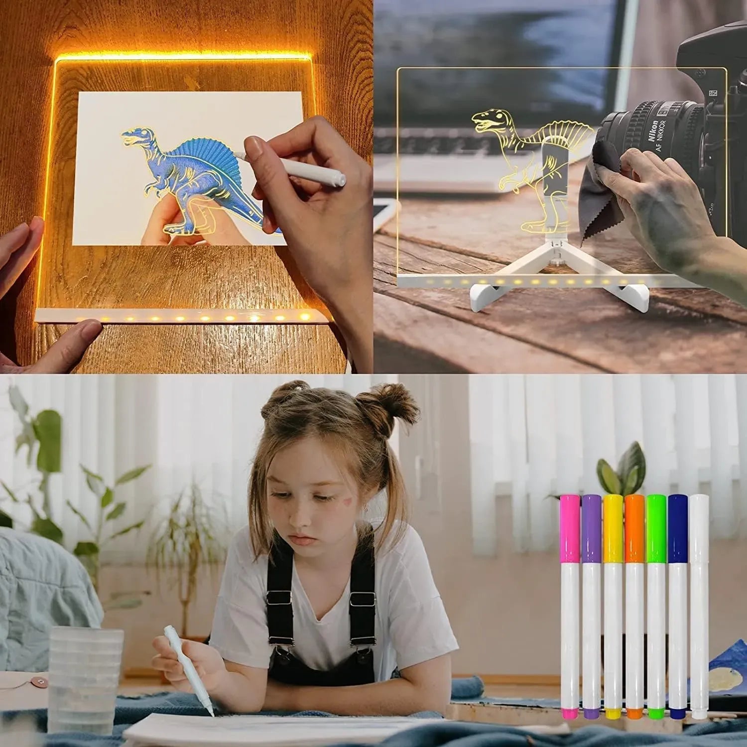 LED Light-Up Transparent Writing Board With 7 Marker | 15×15 cm Acrylic Pad with Stand | Colorful DIY Notes & Erasable Pens