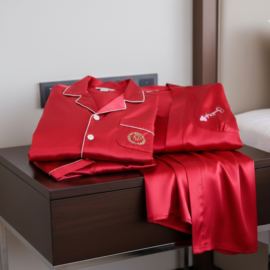 Couple Night Dress Silk Sleepwear Set – 4-Piece Pajama & Robe Set | SKU: DC-C012