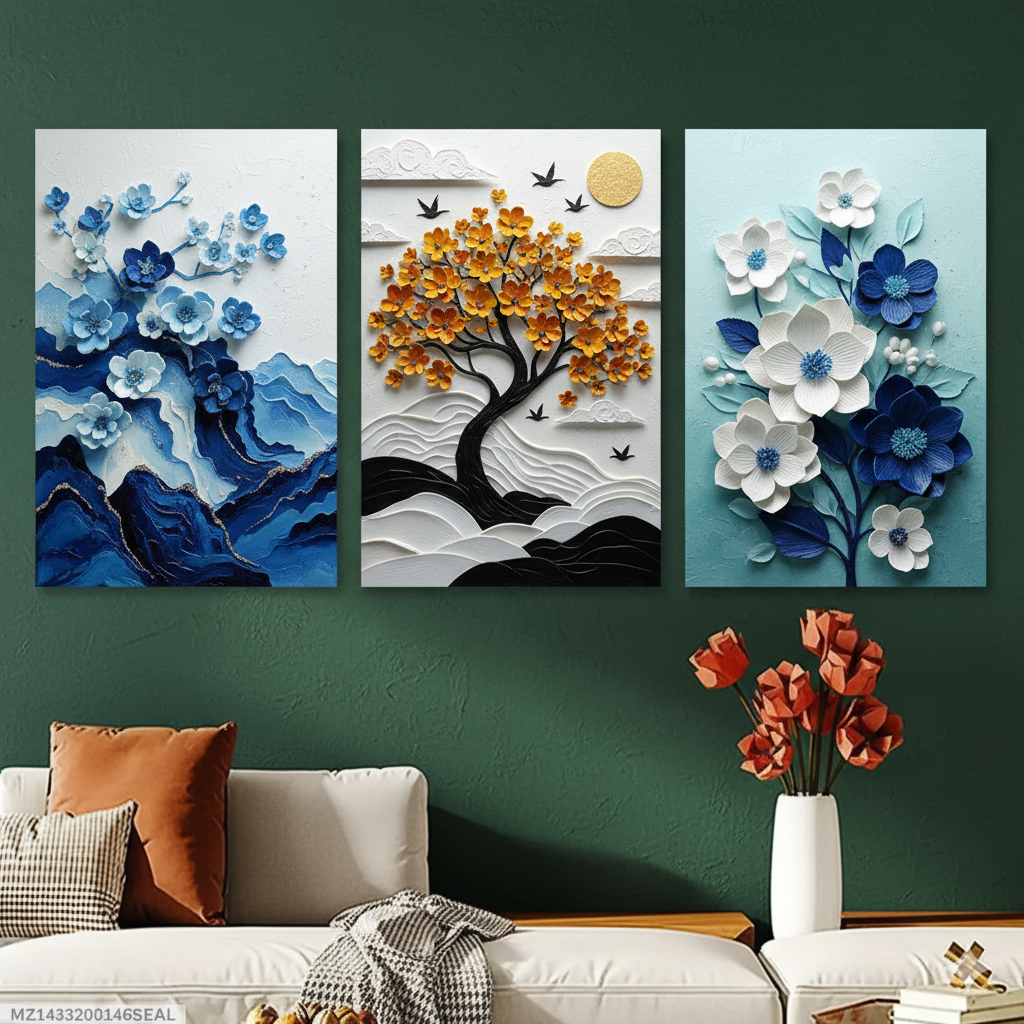 3-piece wooden wall art set featuring vibrant floral and tree motifs. Perfect for modern home decor. Comes in two sizes with easy-to-use wall tape.
