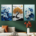 3-piece wooden wall art set featuring vibrant floral and tree motifs. Perfect for modern home decor. Comes in two sizes with easy-to-use wall tape.