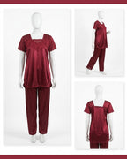 2 Pcs Premium Silk Lace Women's Sleepwear Set T-Shirt & Trouser Nightwear (Free Size)