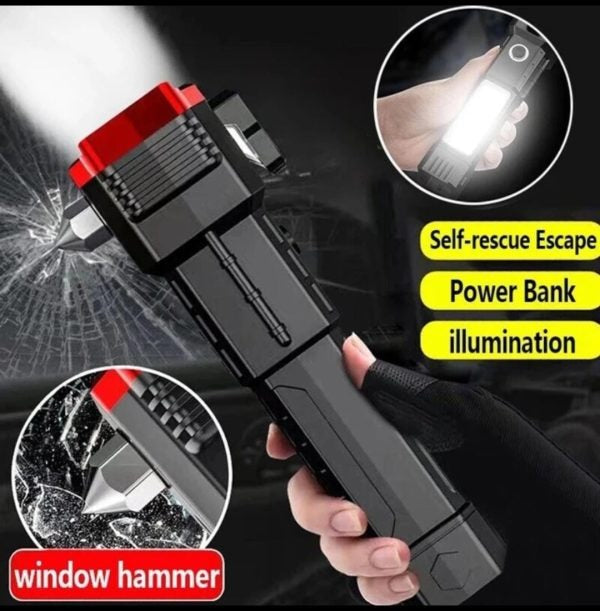 High Power LED Torch Light Rechargeable Flashlight With Tactical Hammer And Power Bank Providing Strong Brightness (Random Color)