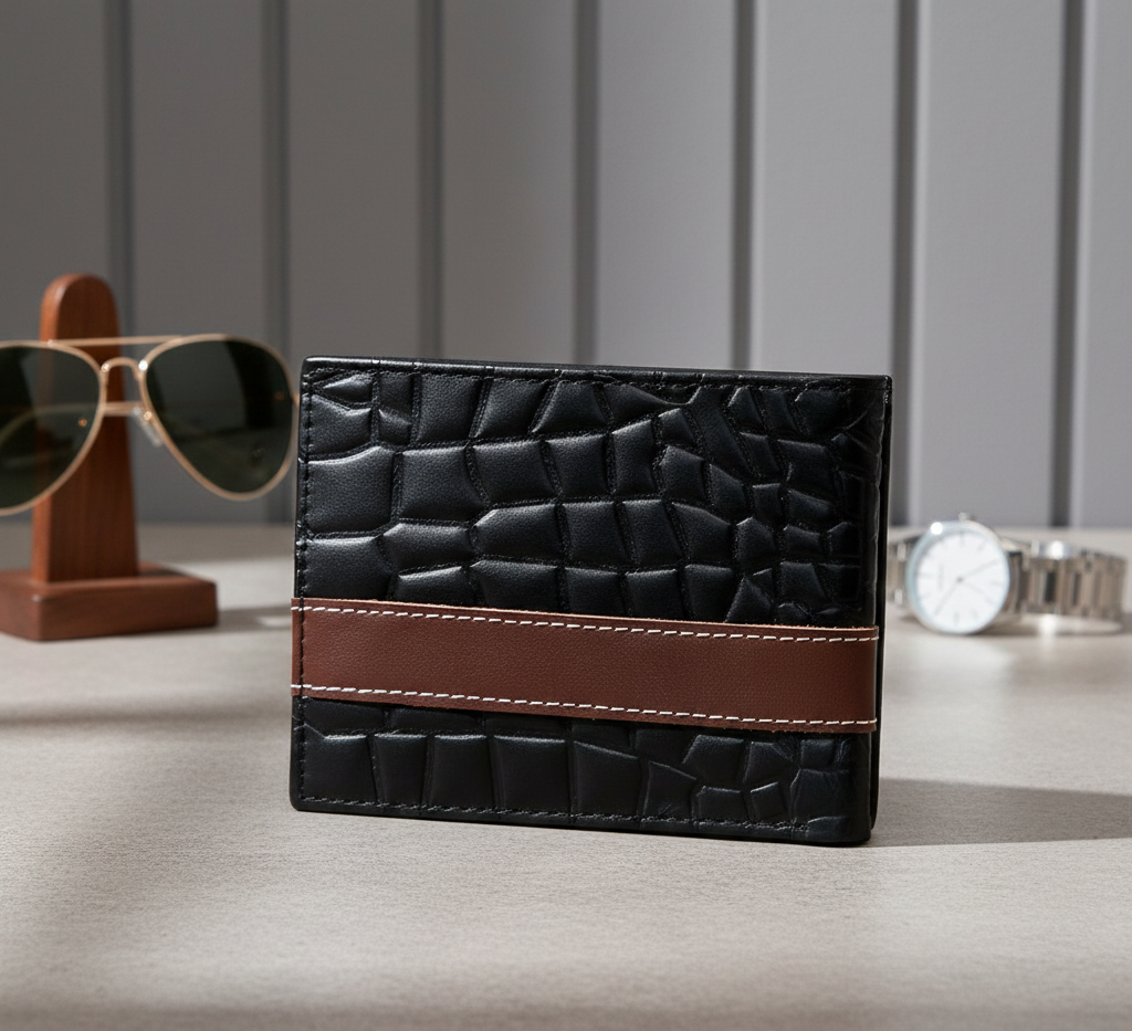 Men’s Croc-Texture Cow Leather Wallet – Black with Maroon Strip | Stylish Bifold Slim Wallet