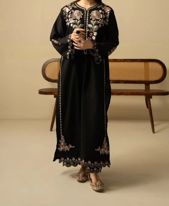 Batool 2-Piece Stitched Winter Suit – Black Cutwork Embroidered Cotton/Dhanak Set