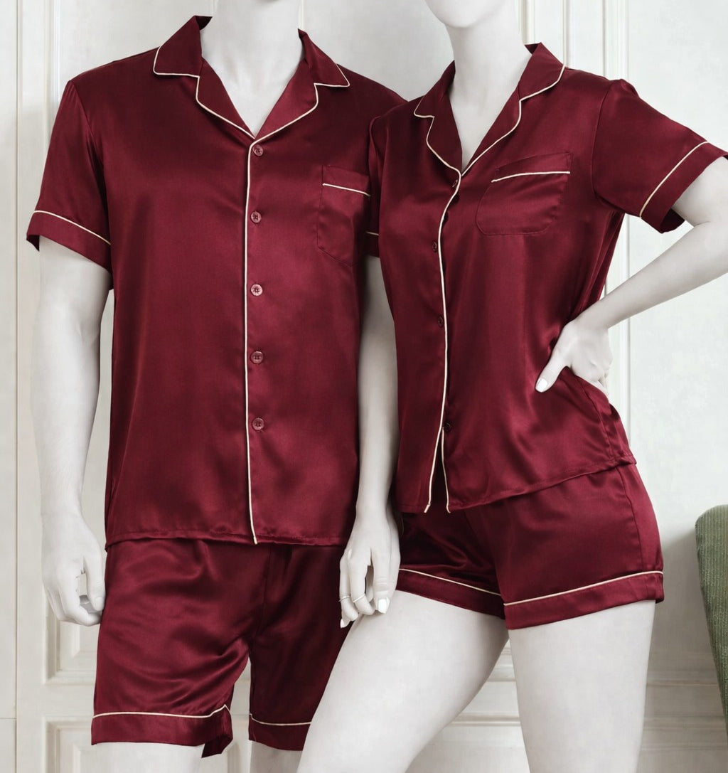 Couple Night Dress Silk Pajama Set – Short Sleeve Shirt & Shorts (4 Pcs) | SKU DC-C014